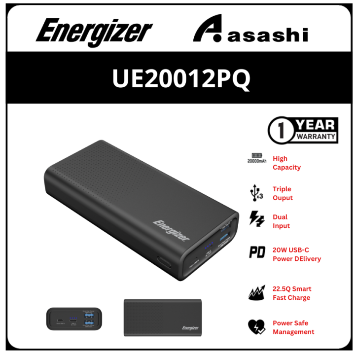 Energizer Ue20012pq 20000mah Usb C Power Delivery 20w Smart Usb A 22