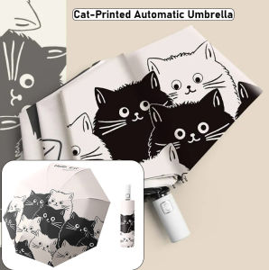 Automatic Folding Umbrella Cartoon Cat Print Portable Rain And Sun Dual-Use Umbrella Folding Black Coating Anti UV