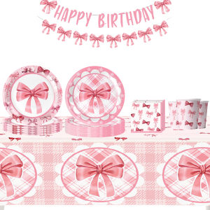 ชุดปาร์ตี้โบว์สีชมพู ช้อนส้อมวันเกิดสาว ถ้วยทิ้ง ทิชชู่ ผ้าปูโต๊ะ จานกระดาษ ของตกแต่งงานปาร์ตี้