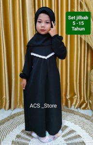 Gamis Poliester Hitam Elegan dengan Jilbab untuk Anak Perempuan 5-15 Tahun - ACS_Store
