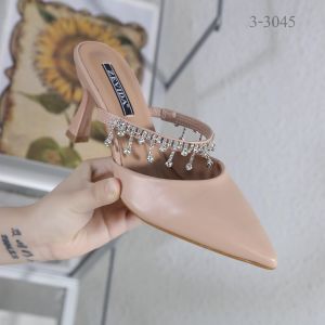 รองเท้าส้นสูง หนัง PU สูง 3 นิ้ว ทรงเปิดส้นเท้า หัวแหลม สายคาดประดับตุ้งติ้งเพชร รุ่น 3-3045