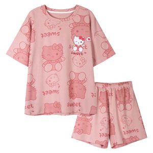VCH Pink Kitty Cat Kitty Pajamas Adult Comfortable Short Sleeve Kitty Pajama Pants KT Sleepwear Suit Leisure Kitty Pajama Set Girl Gift
