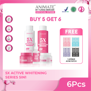 Animate 5x Active Whitening Series 5in1 [Set 5 Pcs] | Toner / Facial Wash / Serum / Day Cream / Night Cream / Mencerahkan & Meratakan Warna Kulit Wajah