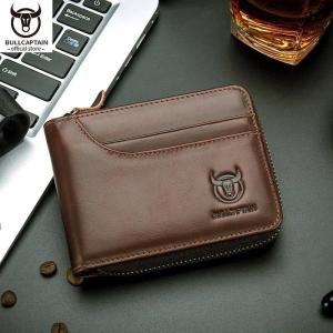 BULLCAPTAIN Ví da thật của nam giới Doanh nhân Giản dị Cổ điển RFID Dây kéo Ví tiền xu Nhiều khe cắm thẻ Kẹp tiền mặt2026