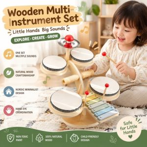 Wooden Kids Drum Set Baby Musical Toys Montessori Xylophone Preschool Music Kit