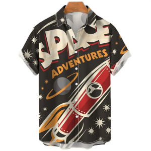 SHUNAICHI 3D Printed Rocket Hawaiian Shirt For Men Cartoon Pattern Blouse Summer Casual Street Aloha Shirts Loose Short Sleeves Button Top
