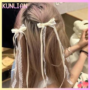 [KUNLIAN] Sweet Long Hairpins French Lolita Lace Ribbon Tassel Bowknot Hair Clip For Women Girl Party Barrettes Headwear Accessories
