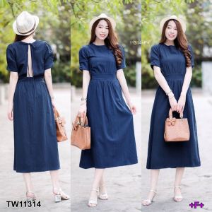 [ส่งไว!] M11314 Dress ชุดเดรสยาว ดีเทลเปิดหลัง มีโบว์ผูกคอด้านหลัง ปลายแขนเสื้อจับจีบทวิส เนื้อผ้าซ่าร่า งานซิปหลัง พร้อมส่งจร้าา