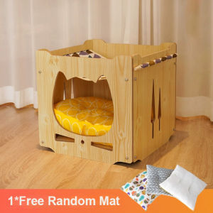 HATELI Cat Wooden House Double Layer Swing Bed All Season Universal Easy Assembly Cat Hammocks Kittens Puppy Beds with Free Random Mats