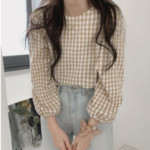【Shipping In 24 Hours】Spring Autumn Hong Kong Style Retro Plaid Top Design Shirt Womens Long Sleeve
