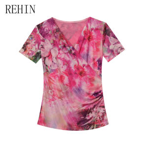 REHIN New Summer Ruched Crossover V-Neck Mesh Print Short Sleeve T-Shirt - Fashionable Slim-Fit Elegant Womens Top