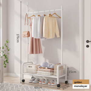 BMZAR ราวแขวนผ้า ราวตากผ้า หมุนได้360องศา ที่แขวนผ้า พร้อมชั้นวางของด้านล่าง พร้อมเสาแขวนกระเป๋า มีล้อเลื่อน โครงเหล็กเเข็งเเรง