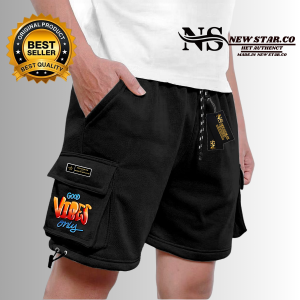 Celana Cargo Pendek Cowok Aesthetic Bahan Katun Fleece Adem Dan Lembut Warna Hitam Terlaris Dan Bisa COD Sablon God Vibe Only