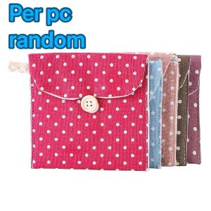 Polka dot fabric pouches with wooden button closures. Blue purple and pink pouches. One pouch open revealing sanitary pads inside.