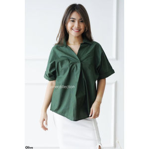 JANE COLLECTION || Kemeja Kerja Wanita Kemeja Basic Polos Lengan Pendek Katun 100% Oversize XXL - Kemeja Katun Tracy