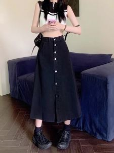 COD  Rok Denim Single-Breasted Wanita Musim Bunga dan Musim Panas a Baru Saiz Besar Versi Korea a Rok Payung Denim Sederhana Pinggang Tinggi  Sem