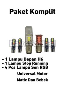 PAKET LAMPU LED KOMPLIT 1 LAMPU H6 12 TITIK LED 1 LAMPU STOP 30 LED RUNNING 4PCS SEN T10 RGB 2 MODE UNIVERSAL BEBEK MATIC