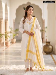 [PRE ORDER - 10 DAYS] Pure White Khadi Cotton Kurti Pant Dupatta Set with Multi-Thread Embroidery 417