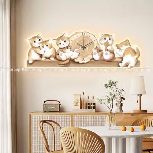 (ẢNH CHỤP) Tranh đồng hồ đèn led gia đình mèo con dễ thương trang trí decor kèm đinh