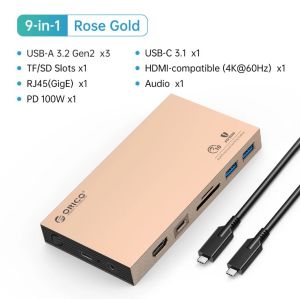 ORICO USB C HUB with NVMe SSD Enclosure 9 In 1 Type C Docking Station with PD100W Charging USB3.2 10Gbps Audio RJ45 TF Adapter