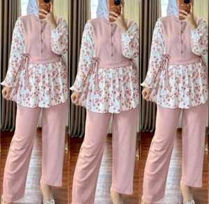 Model Baru Serena Oneset Motif Bunga Kombinasi Crinkle Airflow Mix Knitted Import - Setelan Wanita Terbaru 2024 Limitted Edittion