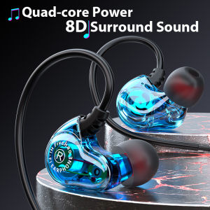 Newmsnr (ใหม่) Original Quad Core หูฟัง 9D Surround Sound หูฟังเน้นเสียงเบสหูฟัง Double Moving Coil หูฟังโปร่งใสหูฟังเกมหูฟังพาดคอไมโครโฟนในตัวสำหรับ Xiaomi/Huawei/Apple/Oppo ฯลฯ
