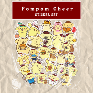 Pompom Cheer Sticker Set featuring 20+ yellow cartoon characters in various outfits and activities.