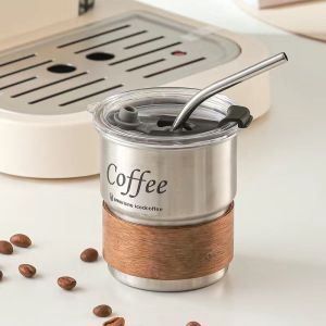 Simple Coffee Cup 304 Stainless Steel with Transparent Lid Straw Water Cup High-value Camping Cup