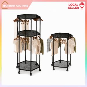 【Rainbow Culture】 360 Rotating Clothes Drying Rack Mobile Garment Organizer with Mesh Shelves Wheels for Bedroom Balcony