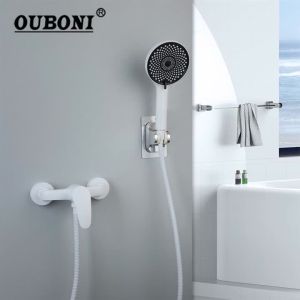 LDIES White Shower Faucets  Brass Painting Handheld Showerhead Three Mode Tap W/ Bracket And Extra Stainless Steel Hose Q8P6Z
