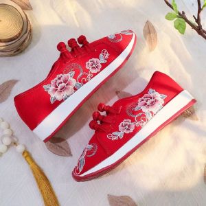 ZEEMIN Womens Flat Sole Canvas Embroidered Shoes Spring Autumn New Ethnic Style Round Toe Soft Sole Red Dance Shoes Casual Shoes