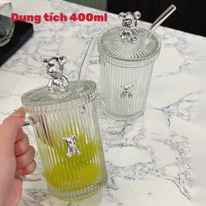 Cốc Thủy Tinh Gấu Bear Cốc Uống Trà Cà Phê Có Nắp Đậy Tặng Kèm Ống Hút Sang Trọng dung tích 400ml