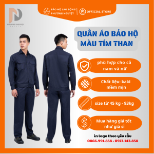 Quần áo bảo hộ lao động màu tím than vải kaki 2/1 độ bền cao và thấm mồ hôi tốt không phai màu không xổ lông
