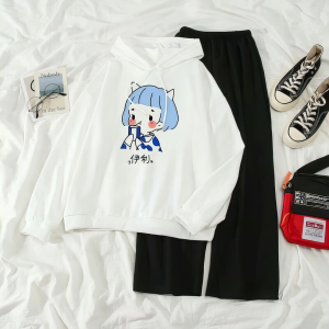 Pakaian Wanita Remaja Hoodie Tebal Bahan Babyterry Dan Celana Kulot Japanese Drink Tea