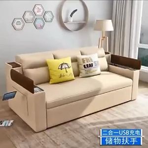 Sofa Bed with Storage Simple Foldable Solid Wood Dual-Use Double Living Room Small Multifunctional Fabric Three-Person