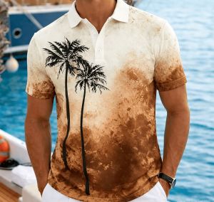 2026 Hawaiian Palm Tree 3D Print Polo Shirts for Men Quick Dry Fashion Casual Short Sleeve Gradient Color Breathable Polo for Men