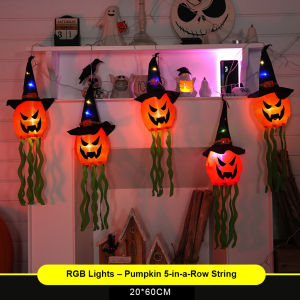 LED Hanging Ghost Lights for Halloween Party Outdoor Yard Indoor Patio Lawn Garden Ornaments Battery Operated Colorful Spooky Pumpkin Witch Hat String Decorations