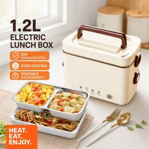 B HQ Electric Lunch Box Portable Food Heater 1 2L 304 Stainless Steel Double Layer Bento