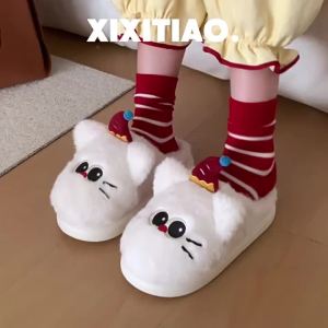 XIXITIAO รองเท้าแตะผ้าฝ้ายแมวน้อยสีดำวันเกิดสำหรับผู้หญิงรองเท้าขนสัตว์ฤดูหนาวที่อบอุ่นใส่ในบ้านและรองเท้าคุณแม่