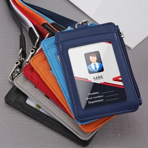 Office Leather Zipper Card Cover Student Card Holder with Hanging Rope Work ID Card Protector Pouch Card Bus Card Holder