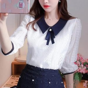 Half Sleeve Elegant Lace Tops Womens Spring Summer Style Chiffon Blouses Shirt Womens V-neck Bow Patchwork