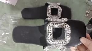 [Free Shipping] Square-Toed Large-Size Sandals 2025 Spring Outdoor Wear Summer New Style Square Rhinestone Flat-Soled Vacation Sandals