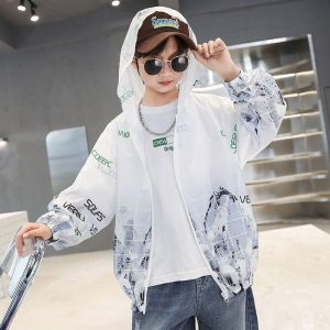 HF Quick Drying Light Sunscreen Kid Coat Korean Style Fashion New Spring Soft Jacket Ice Silk Breathable Hooded Boy Girl Zipper Contrasting Colors Jacket