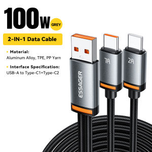 ESSAGER 100W Kabel Data 2 dalam 1 7A Pengisian Cepat USB-A ke Tipe-C+Lighting /Tipe-C+Tipe-C