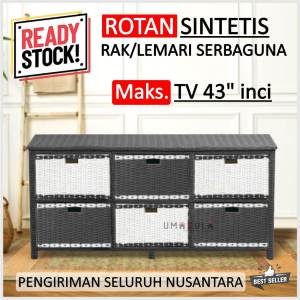 Lemari Rak Rotan Sintetis 6 Laci Buffet Bufet Meja TV 43 inci Ruang Tamu Minimalis Murah Terbaru
