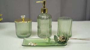 Haturi Bathroom Accessories Set 4 Pcs Green Glass Bathroom Accessory Set Complete w/Lotion Soap Dispenser Toothbrush Holder Qtip Holder Vanity Tray Gold Bathroom Decor Gift for Home Apartment