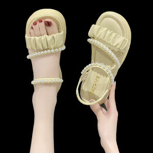[Free Shipping] WomenS Thick-Soled Sandals 2026 Summer Korean Style Pearl-Embellished Fashionable And Casual One-Strap Roman Beach Sandals