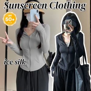 Woman Ice Silk Sunscreen Clothes UPF50+ Ventilate Slim Hoodie Long Sleeve Yoga Sun Protection Coats