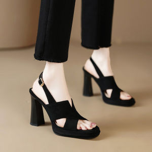 Summer Fashion High Heels Abrasive Leather Waterproof Platform Sandals Open Toe Black
