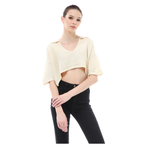 Hamlin Albertine Atasan Crop Wanita Lengan Pendek Blouse Vneck Motif Polos Material Rajut ORIGINAL - Cream